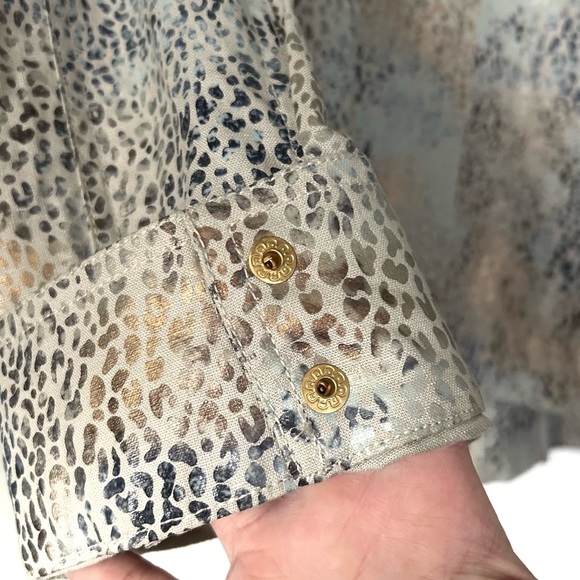 SC Collection Beige Gold Blue Linen Animal Print Jacket Metallic Zipper Size 14 - Picture 10 of 10